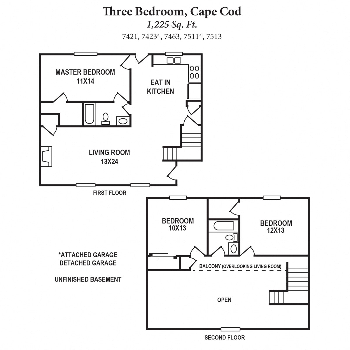 Floor plan for 3 beds, 2 baths, 1225 sqft